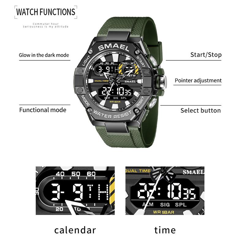 SMAEL Sportovní hodinky pro muže Dual Time Watch pro muže Led Light Watch Alarm 8066 Módní Sportovní hodinky Military S Shiock Náramkové hodinky