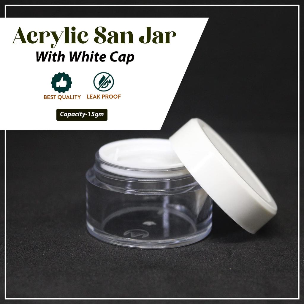 Nsb Herbals 15 g Empty Acrylic San Jar Transparent/Clear Cosmetic Container with While Lid and Leakproof Inner lids for Lip Balms, Lip Scrubs, Body