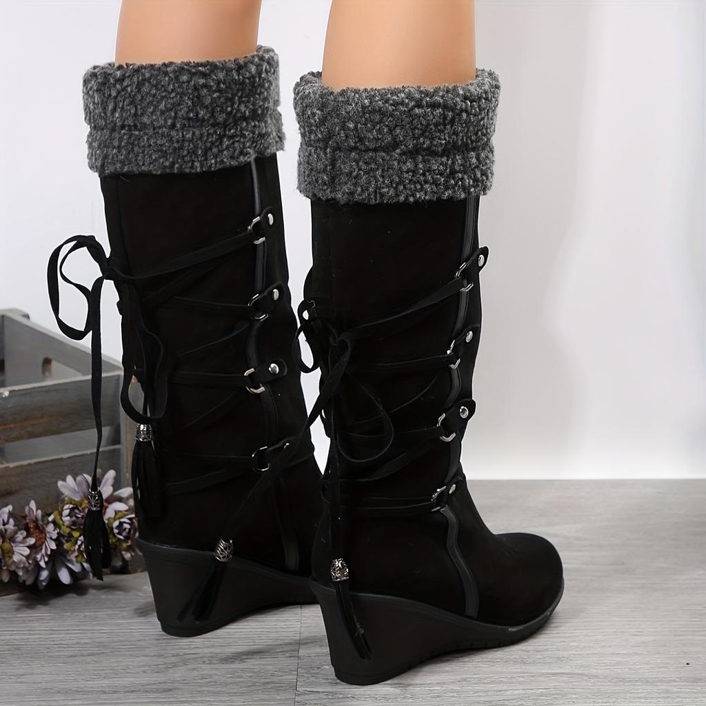 Fall and Winter New Plus Size Fur Neckline Mid-leg Boots Wedge Boots Fringed Boots