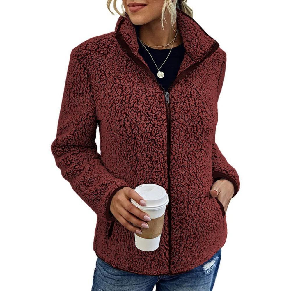 Stand Collar Solid Color Sweatshirt Women Casual Fashion Long Sleeve Zip Up Bubble Fleece Jacket