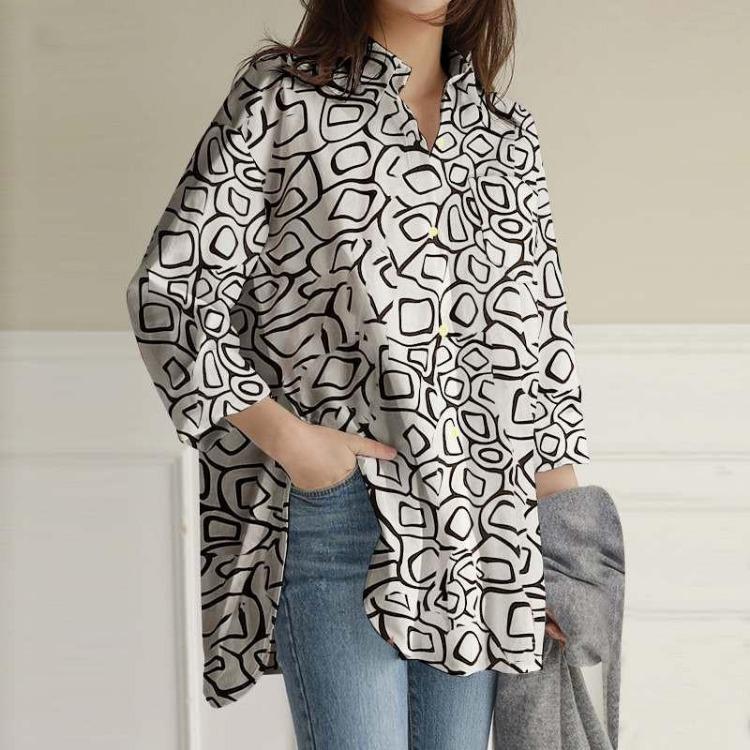2026 Spring Fashion Long Sleeve Printed Lapel Tops for European American Office Ladies