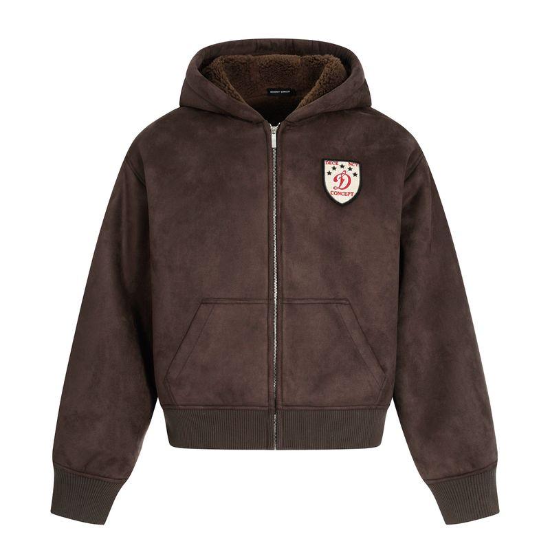

Kisko Winter American-Style Badge Embroidered Fleece-Lined Thick Hooded Sweatshirt Unisex Loose Suede Cotton Jacket Trendy Brown X L