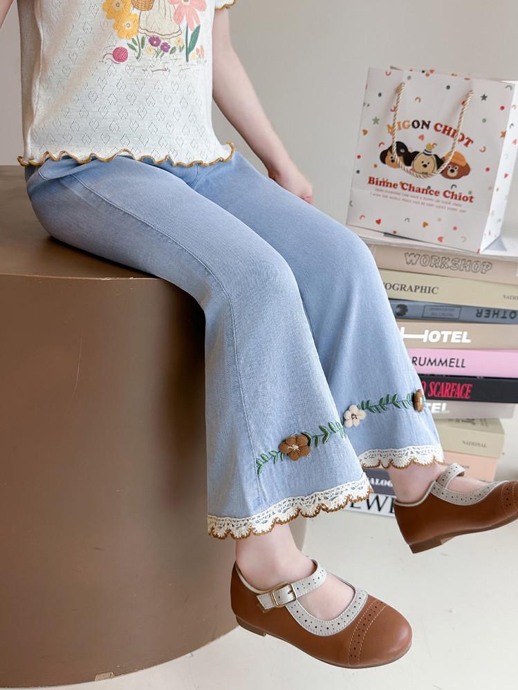Girls Lace Trim Anti-Mosquito Tencel Denim Flare Pants - Soft Summer Style 110 cm