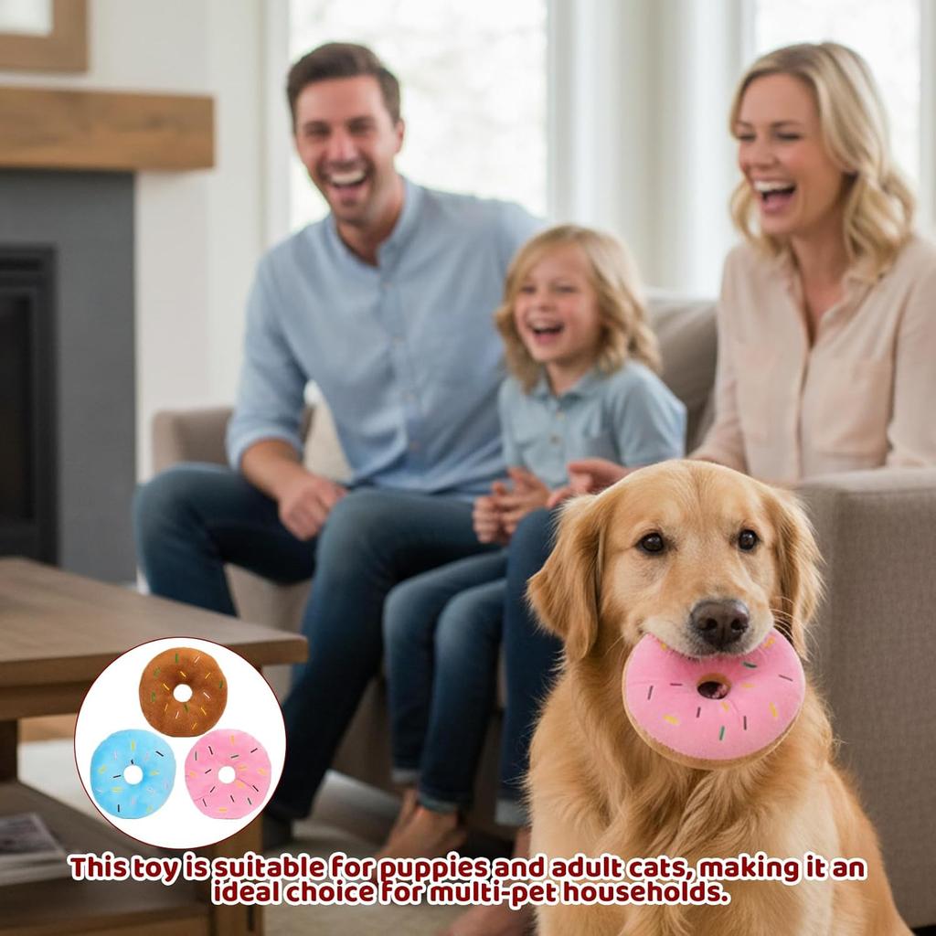 Donut Dog Toy, 3 Pack Puppy Squeaky Toys for Dogs, Dog Donut Toy Set with Blue, Pink and Brown Colors, Chew Resistant Dog Toy Donut for Small and