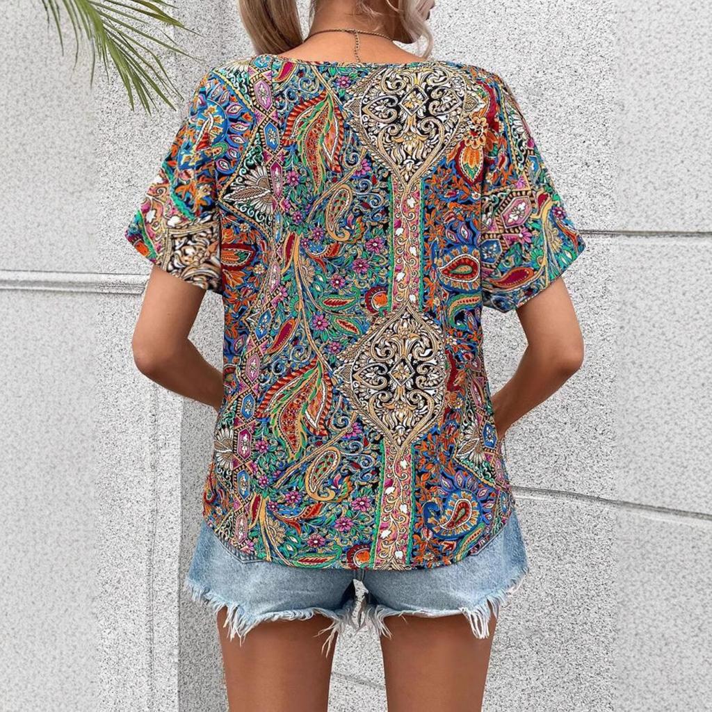 Casual V-neck Short Sleeved Top with Western Style Trend Printed Loose Women's T-shirts