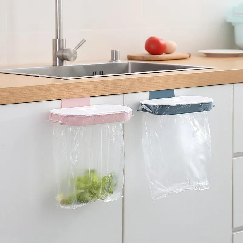 Wall-Mounted Rubbish Bag Holder Storage Rack Kitchen No Punching Hang Bracket Hook Cabinet Door Hanging Rack Kitchen Trash Can