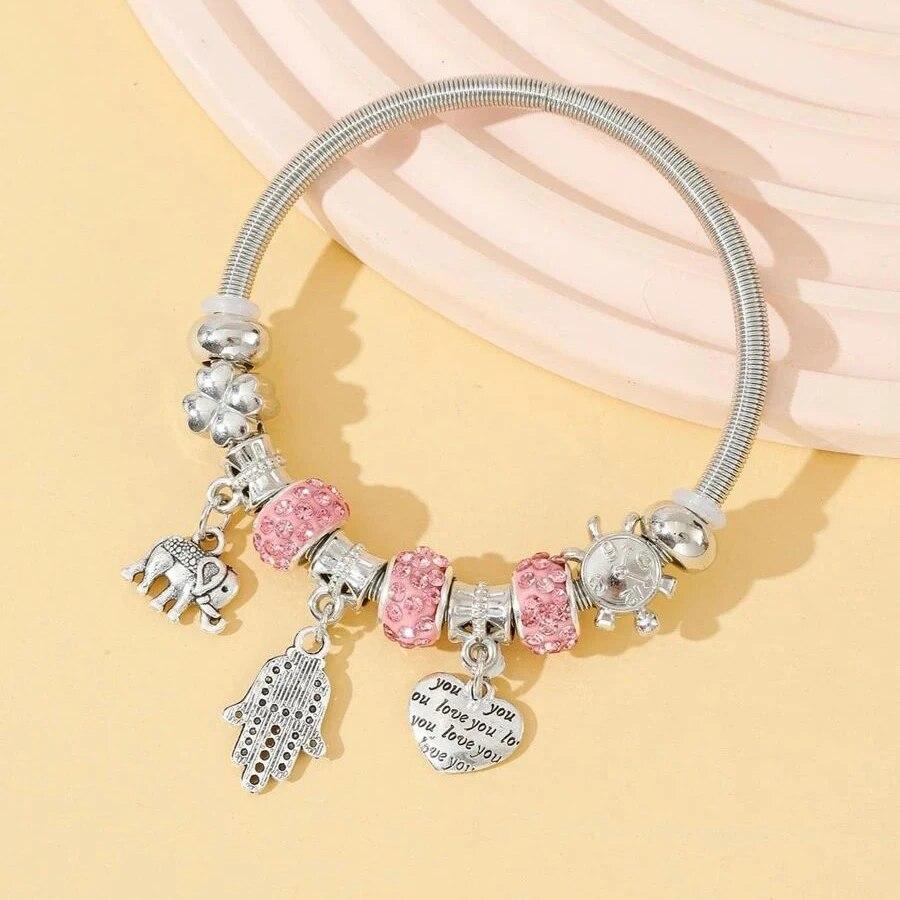 Obega Key Lock Crown Charm Bracelet Pink Glass Beads Elephant Bear Fatima Hand Clock Charm Bracelets Women Jewelry Love Gift