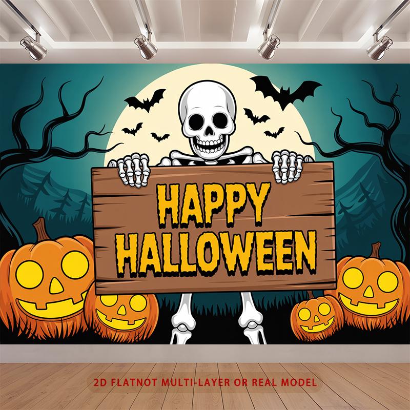Party Backdrop Halloween Flat Spooky Skeleton Pumpkin Multi Layered Celebrations Event Backdrop Decoration Front Door Decor