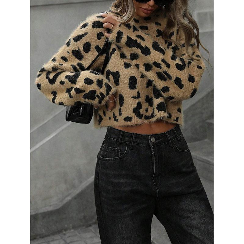 Leopard Knitted Sweaters Woman Vintage Style Loose Jumper Blouse Women Autumn Winter O-Neck Bottoming Pullovers