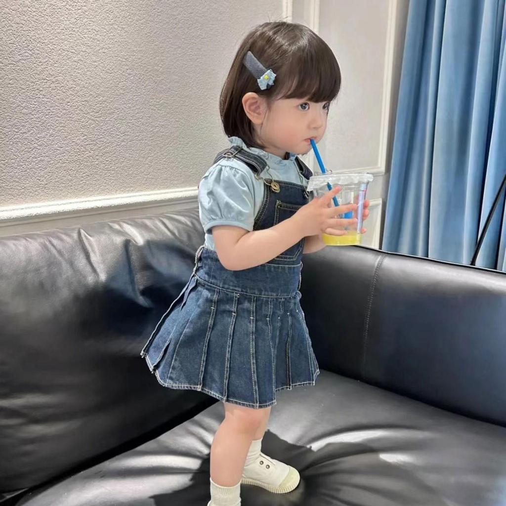 2024 Trendy Korean Style Girls' Summer Two-Piece Overalls Dress Set