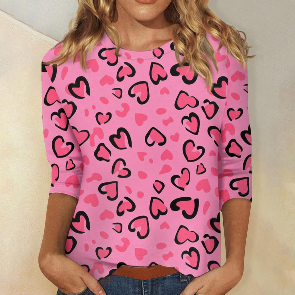 Damen Valentinstag Print Mode Lässig 3/4 Ärmel Rundhals Oberteil