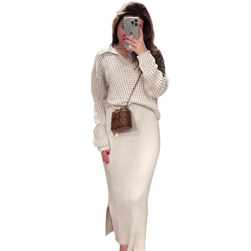 2024 Autumn Women's Solid Color Polo Collar Top & Slim Fit Hip Wrap Skirt Set