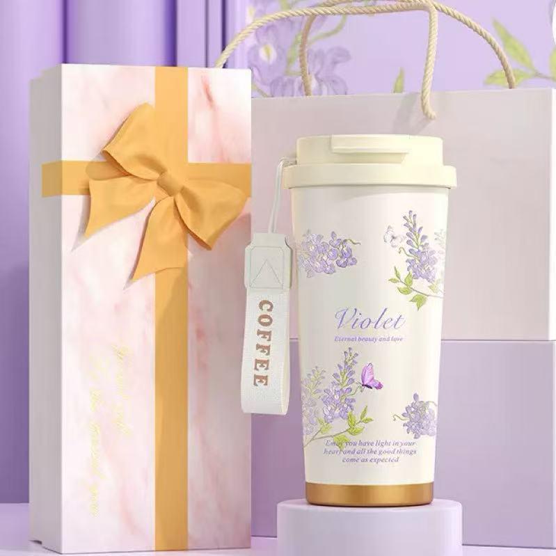 Lily of the Valley 316 Stainless Steel Insulated Coffee Cup with Double-Layer Straw