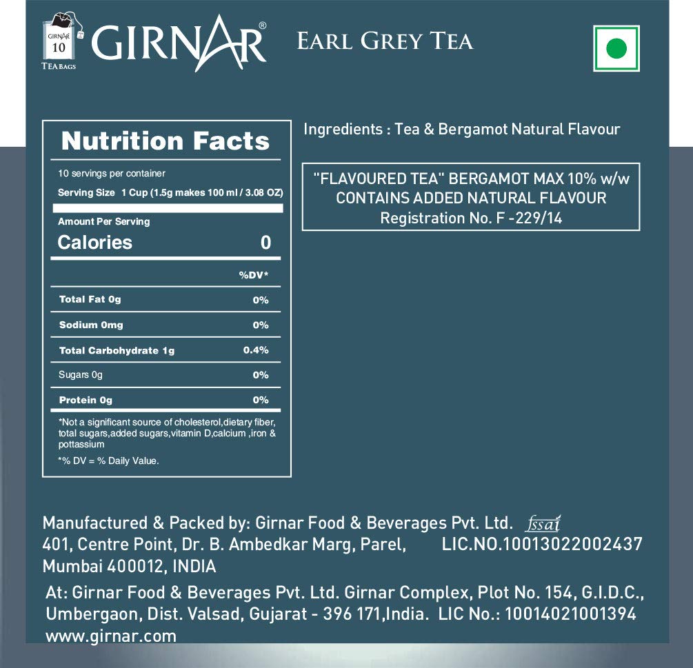 Girnar Earl Grey Black Tea Bags With Bergamot Foil Wrapped Premium Aroma Classic Daily Brew Pack Of 1 10 Tea Bags