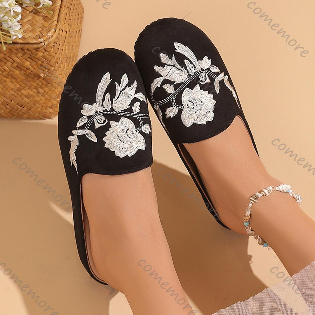 Fashion Comemore Slippers Women 2025 Spring Summer New Ethnic Style Embroidery Mules Half Slipper Casual Flat Bottom Baotou Slides Shoes