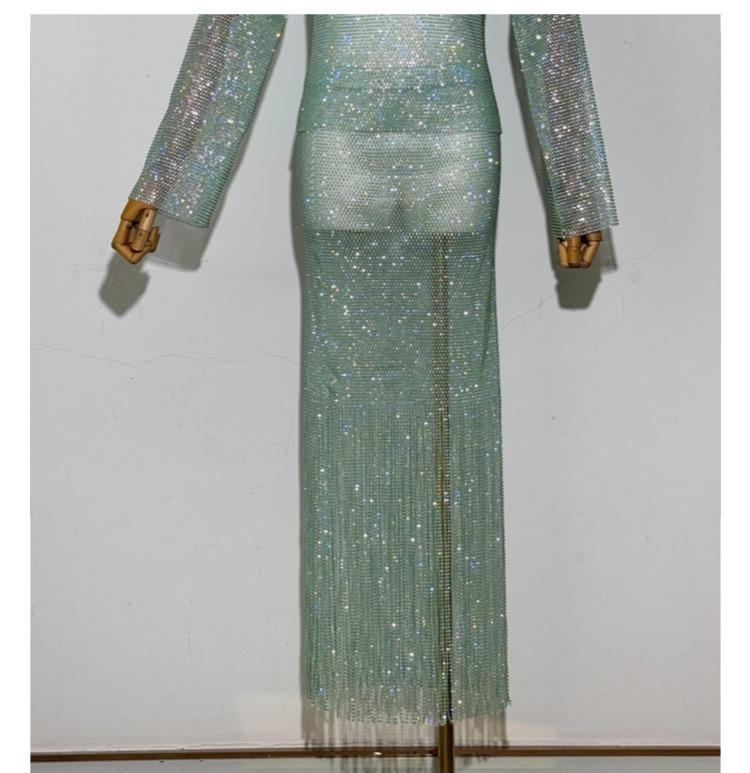 Yanni Lake Blue Rhinestone Tassel Bodycon Dress with Slimming Midi Skirt & Long Sleeve Top