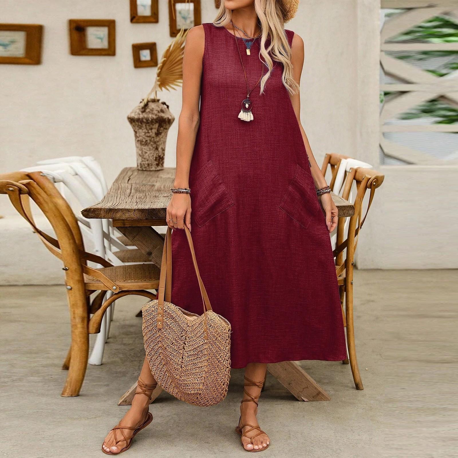 

Женское модное однотонное повседневное платье с круглым вырезом и завязками на шнурке без рукавов и карманом XL винный