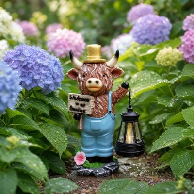 Estatua de Vaca de las Tierras Altas Solar para Jardín, Figura de Animal de Resina con Linterna Solar, Adorno de Vaca Impermeable para Exterior para Césped, Patio, Decoración de Jardín