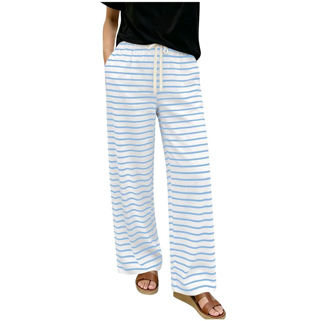 Women’s Relaxed Fit Striped Print Wide Leg Drawstring Pants Casual Lounge Elastic Waist Trousers with Pockets for Everyday Wear