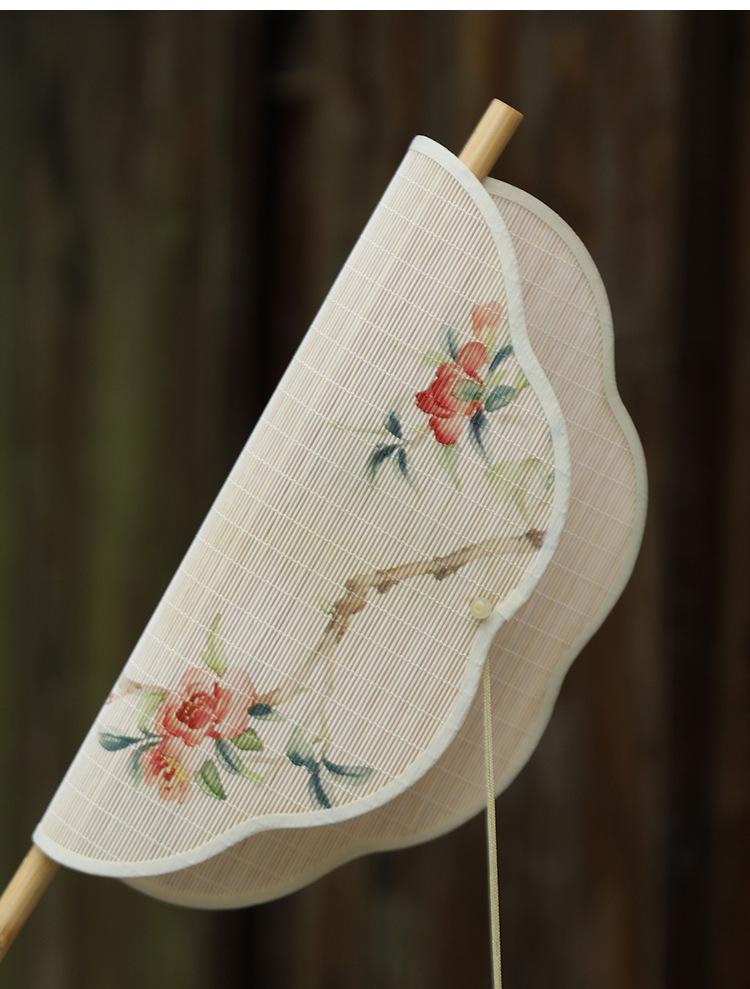 Ancient Style Portable Round Fan - Rollable with Bamboo Strips, Intangible Heritage, Perfect for Hanfu Costume, Cooling Summer Accessory.