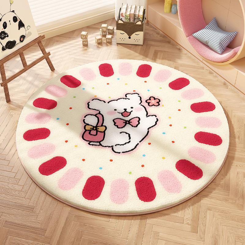 Cartoon Animal Pattern Circular Carpet With Water Wash For Kids Bedroom And Lounge Area