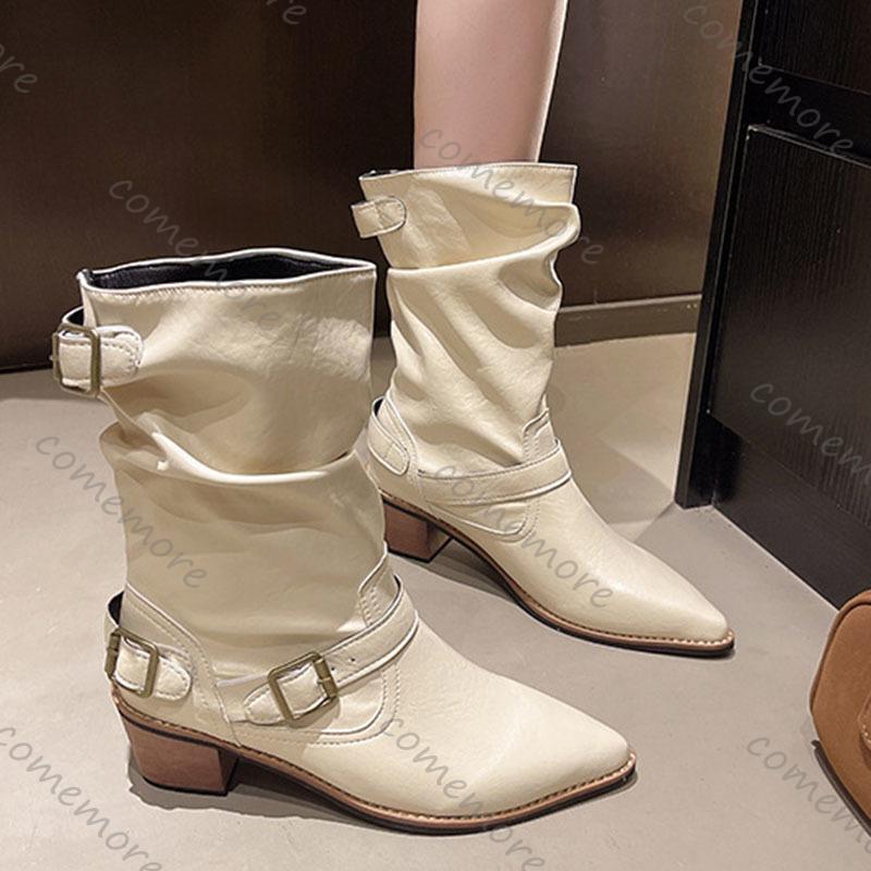 Fashion Comemore Retro Mid-calf Boots Women Spring Autumn New Fashion Short Boots Chunky Middle Heel Belt Buckle Cowboy Botas Fenale