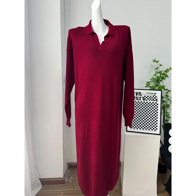 

Мода Мода V-образный вырез Длинные рукава Вязание Однотонное Свободное Платье-свитер Платье Вязаное платье-свитер Burgundy S