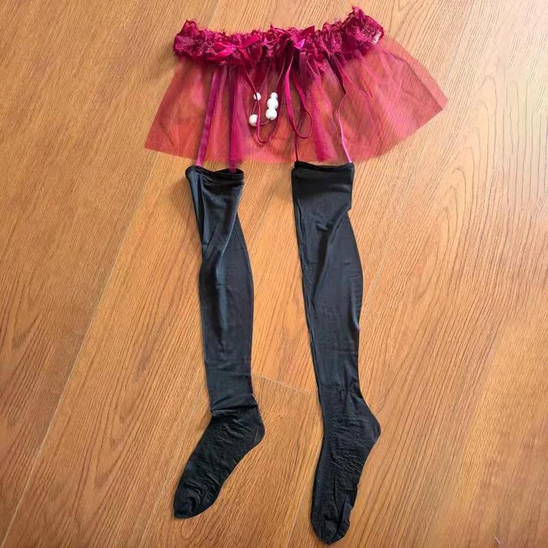 

Sexy Women Lace Tutu Skirt Pantyhose Oil Shiny Stockings Home Yoga Shaping Pantyhose Maid Tights With Pearl Chain Crotch One Size