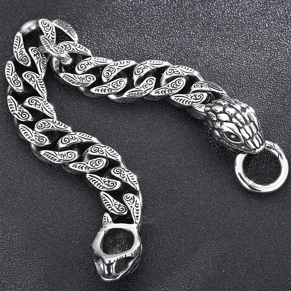 Cool Snake Head Bracelet Men's for Man Male Arm Rings Vintage 15MM Stainless Steel Curb Cuban Link Chain Bikers Jewelry