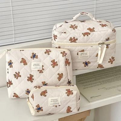 Women Makeup Zipper Bag Cartoon Bear Tote Large Capacity Quilting Pouch Washbag Cute Female Brush Cosmetic Storage Bag