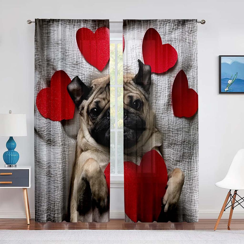 Pug Dog Wearing Glasses Portrait Sheer Voile Curtain Hand Drawn Cartoon Pet Animal Window Tulle Curtains for Living Room Bedroom