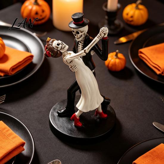 Decorative Resin Figurine for Party Day of The Dead Dancing Skeleton Couple Figurine, Halloween Gothic Wedding Lover Statue, Romantic Bride