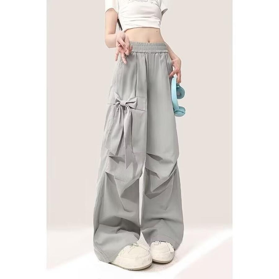 Design Butterfly Bow Gray Workwear Casual Pants Women Summer New Style High Waist Loose Wide Leg Pants Women