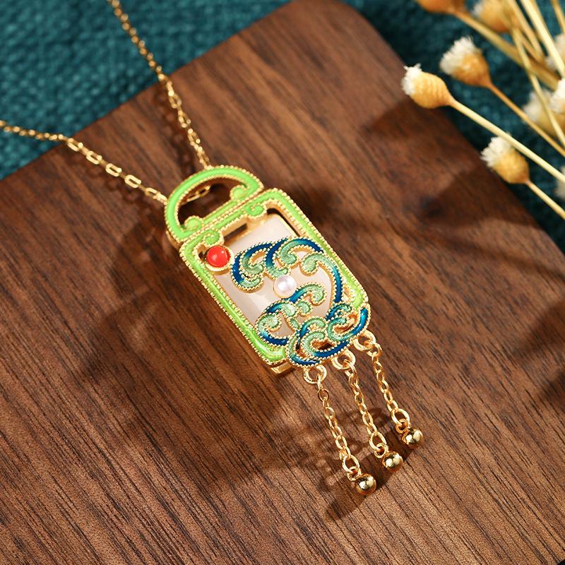 Guochao Court-Style Cloisonné Enamel & Imitation Hetian Jade Ruyi Tassel Necklace