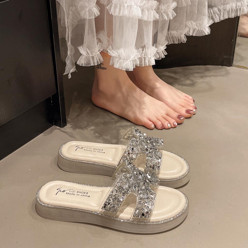 Summer Flat-bottomed Slippers Sweet One-word Commuting Will Drag Rhinestones Thick-bottomed Comfortable Versatile Summer Fashion Slippers