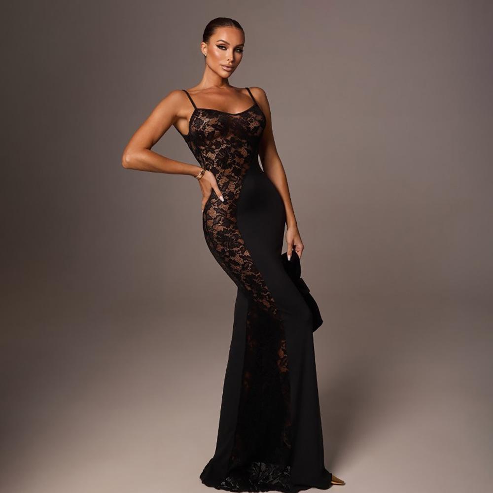 2026 Spring Elegant Lace Low-cut Sexy See-through Spaghetti Strap Dress for Women
