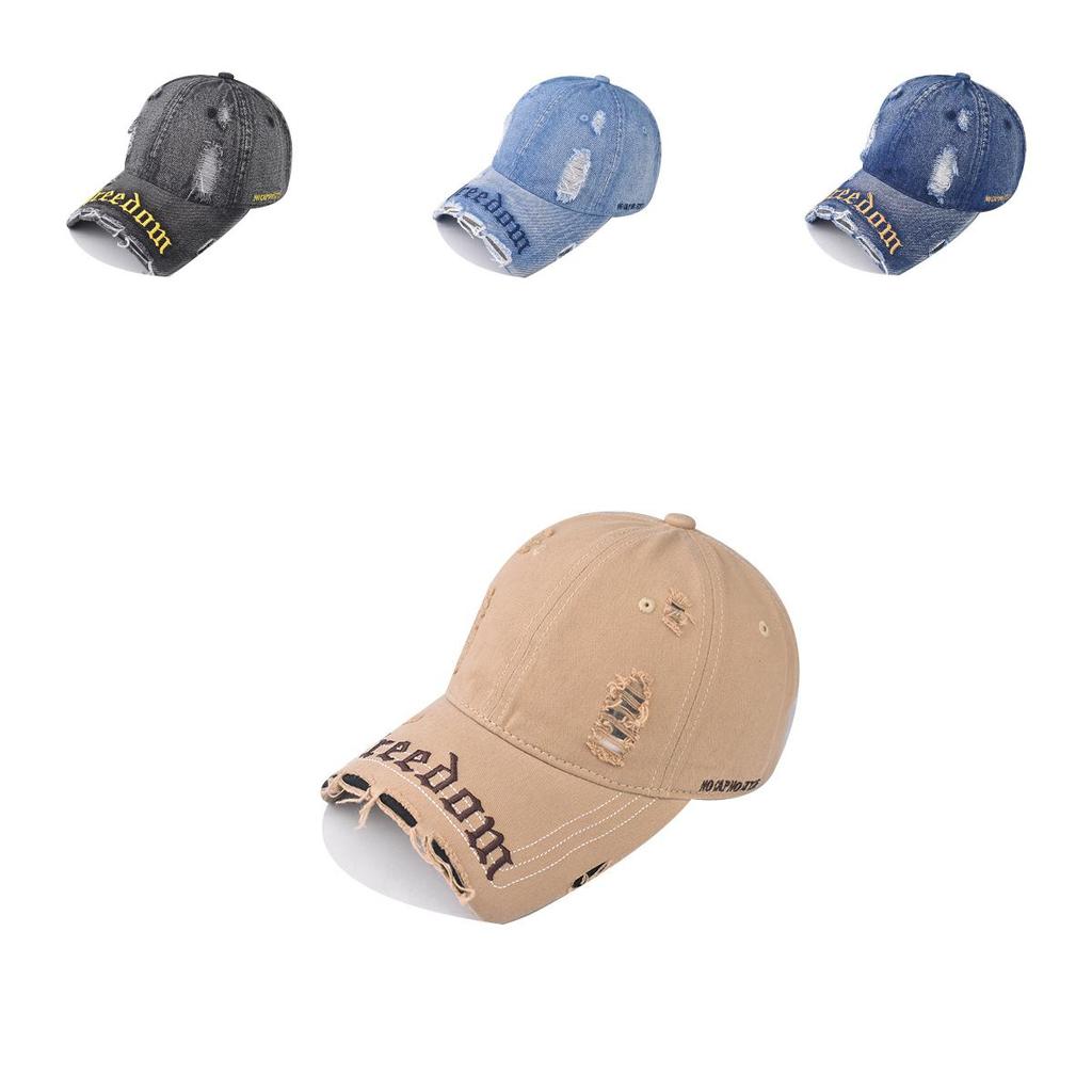 Water Wash Denim Distressed Baseball Cap With Wide Brim For Outdoor Summer Style