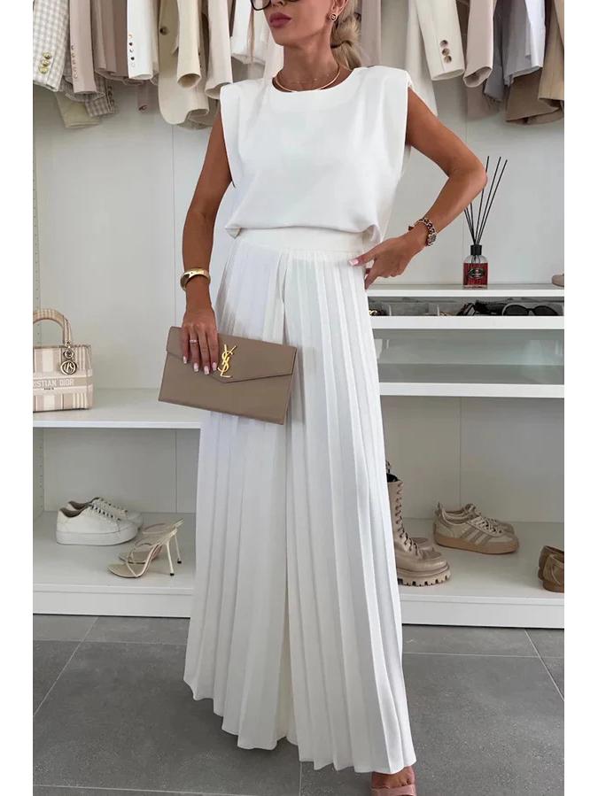Women's Cross-Border 2025 Fashion: Sleeveless Round Neck Top & Pleated Wide-Leg Pants Two-Piece Set