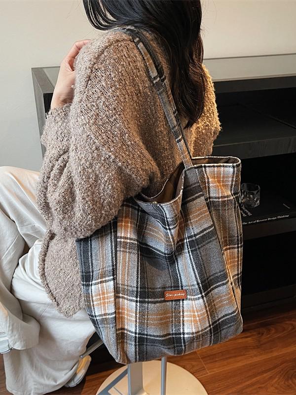 Korean Style Plaid Woolen Tote Bag - Large Capacity & Versatile for Winter 2025