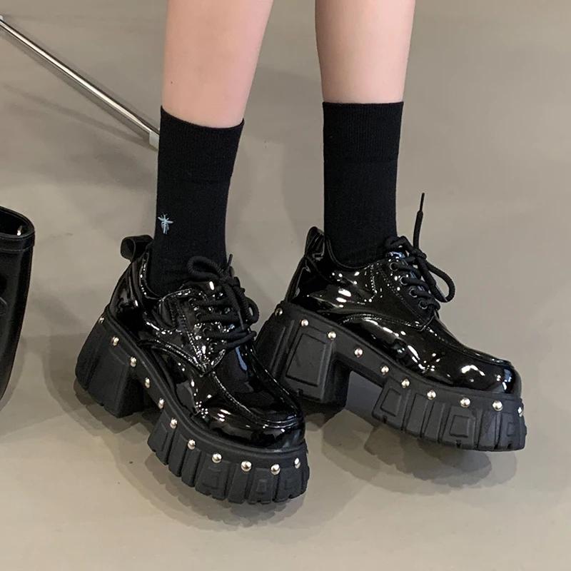 8cm Punk Style Women Boots Lace-up Heel Height Platform Shoes Woman Gothic Ankle Rock Boots Metal Decor Man and Woman Sneakers