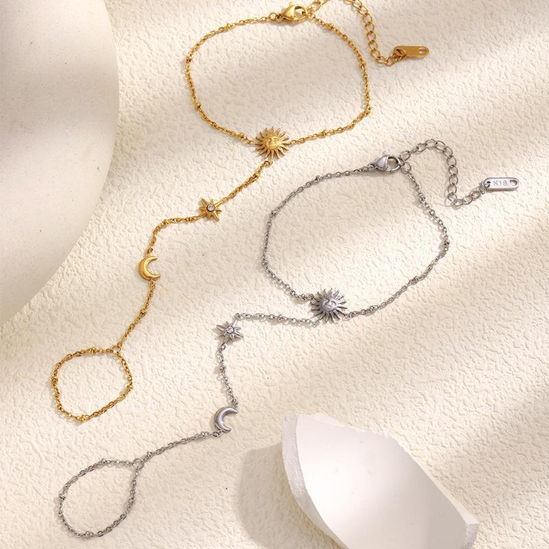 Simple Stainless Steel Boho Zircon Bracelet Sun-Shaped Interlocking Charm Hand Chain Stars Gold Metal Finger Bracelet Jewelry