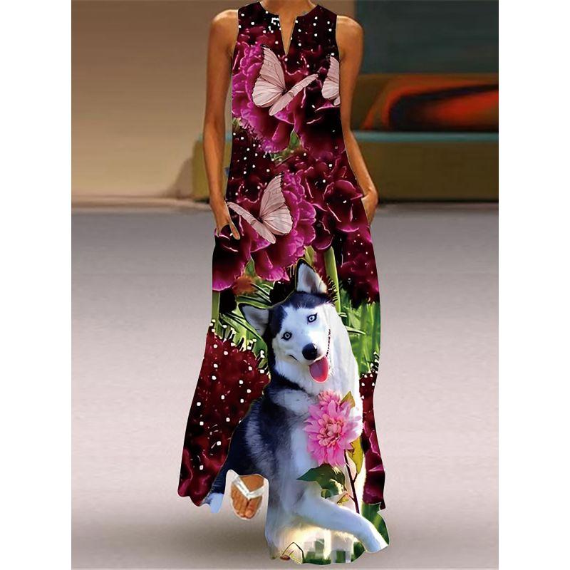 Fashion Style 3D Print Dress Animal Pattern Stage Show Stylish Clothing V Neck Sleeveless Pocket Maxi Dress