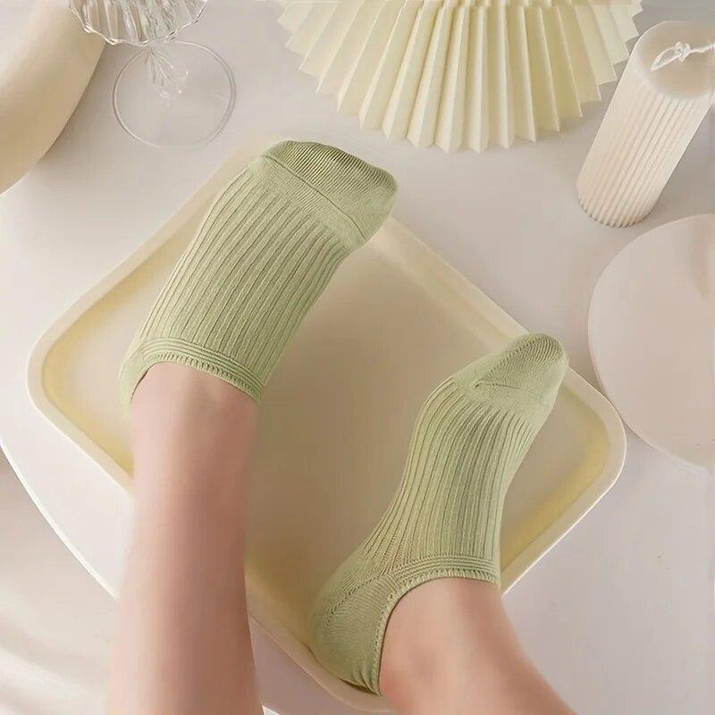 5 Pairs Colorful Ribbed Short Socks, Comfy & Breathable Elastic Ankle Socks, Women'S Stockings & Hosiery