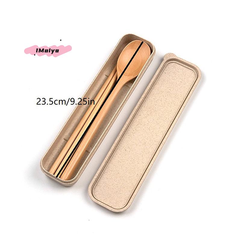 1 Set Handmade Natural Wooden Dinner Kit with Spoon Fork Chopsticks - Kitchen Accessories Storage Box