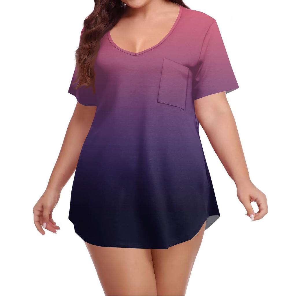 Women's Printing Large Size V-neck Top Loose Pocket T-shirt