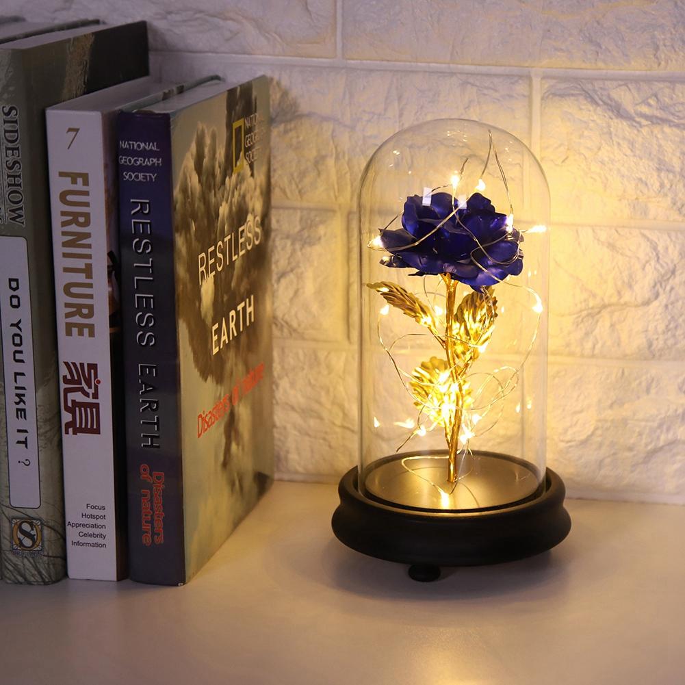 24K Gold Plated Rose Flower LED Light with Glass Cover Base Valentines"Day Wedding Gift Blue