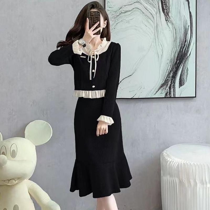 Women French Style Two Piece Set Slim Waist Long Sleeve Top And Midi Skirt Casual Outfit