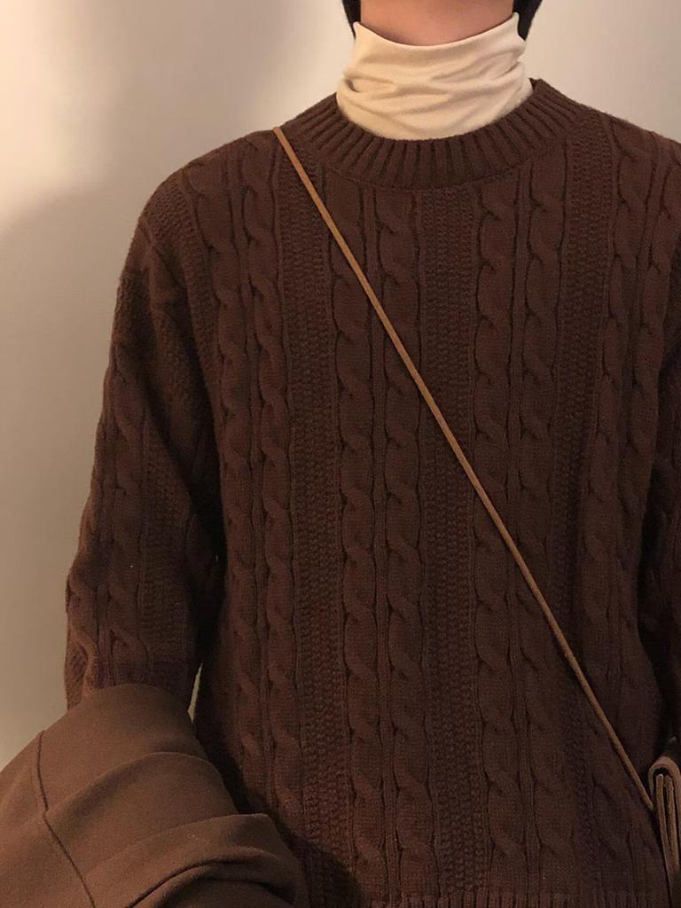 Men's Retro Japanese Cable Knit Sweater - Autumn/Winter Loose Fit, Round Neck Stylish Knitwear