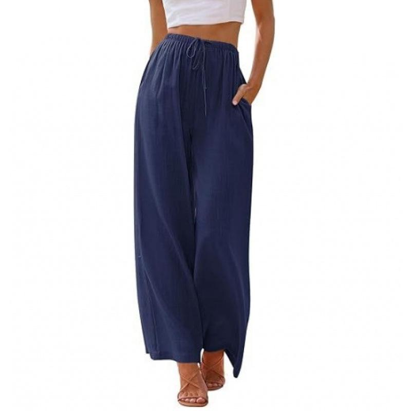 Women Pants Casual White High Elastic Drawstring Baggy Pants Streetwear Solid Color Cotton and Linen Wide Leg Trousers