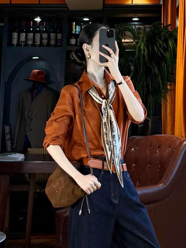 Retro Hong Kong Chic Women's Orange Long Sleeve Shirt - New Autumn Arrival
